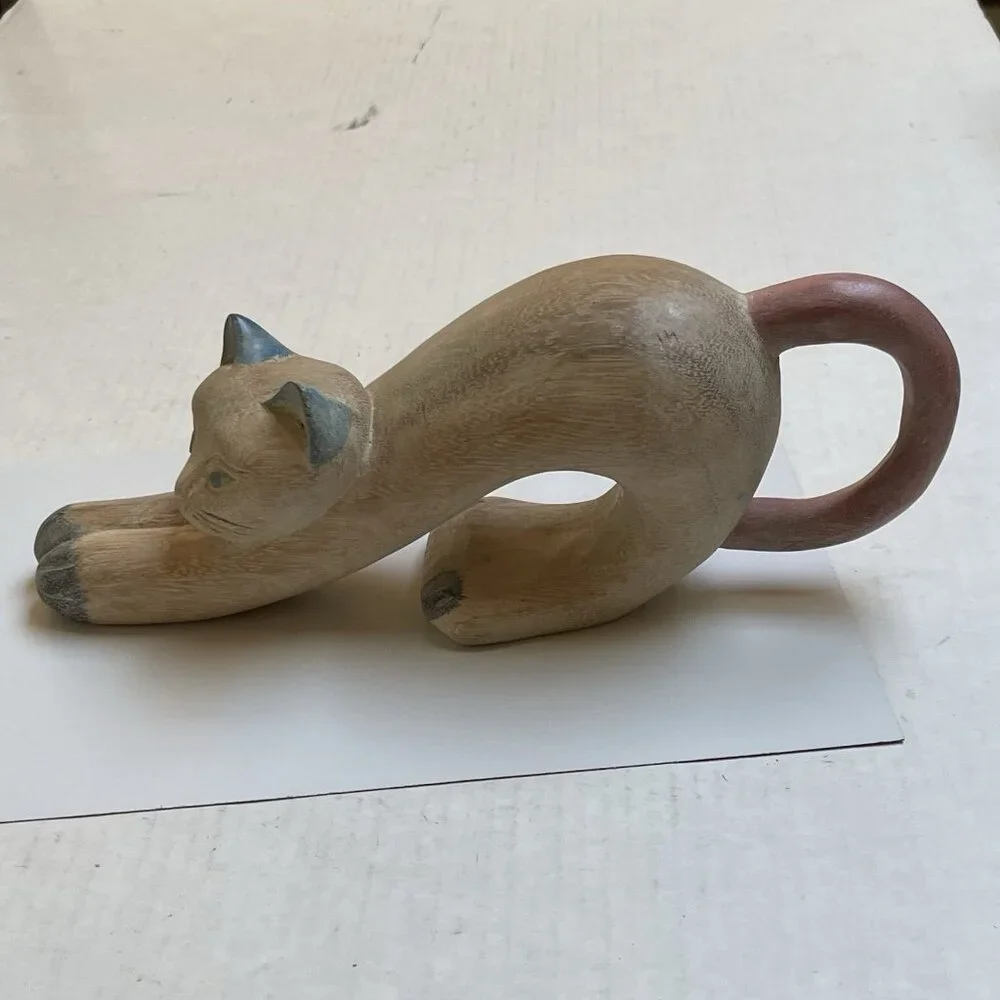 Hand Carved Wooden Stretching Cat Kitten Kitty Home Decor Multicolor Animal